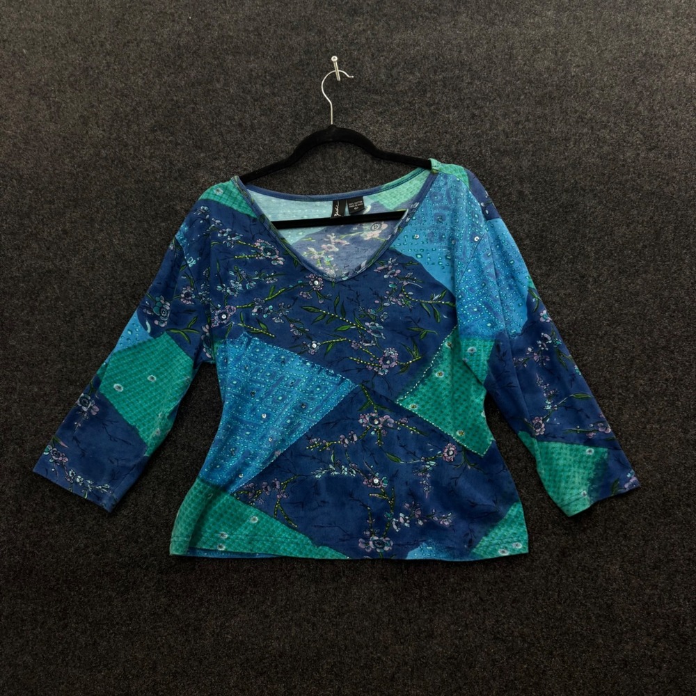 Vintage Kashi Women Blue Teal Patchwork Floral Beaded V-Neck Top Large